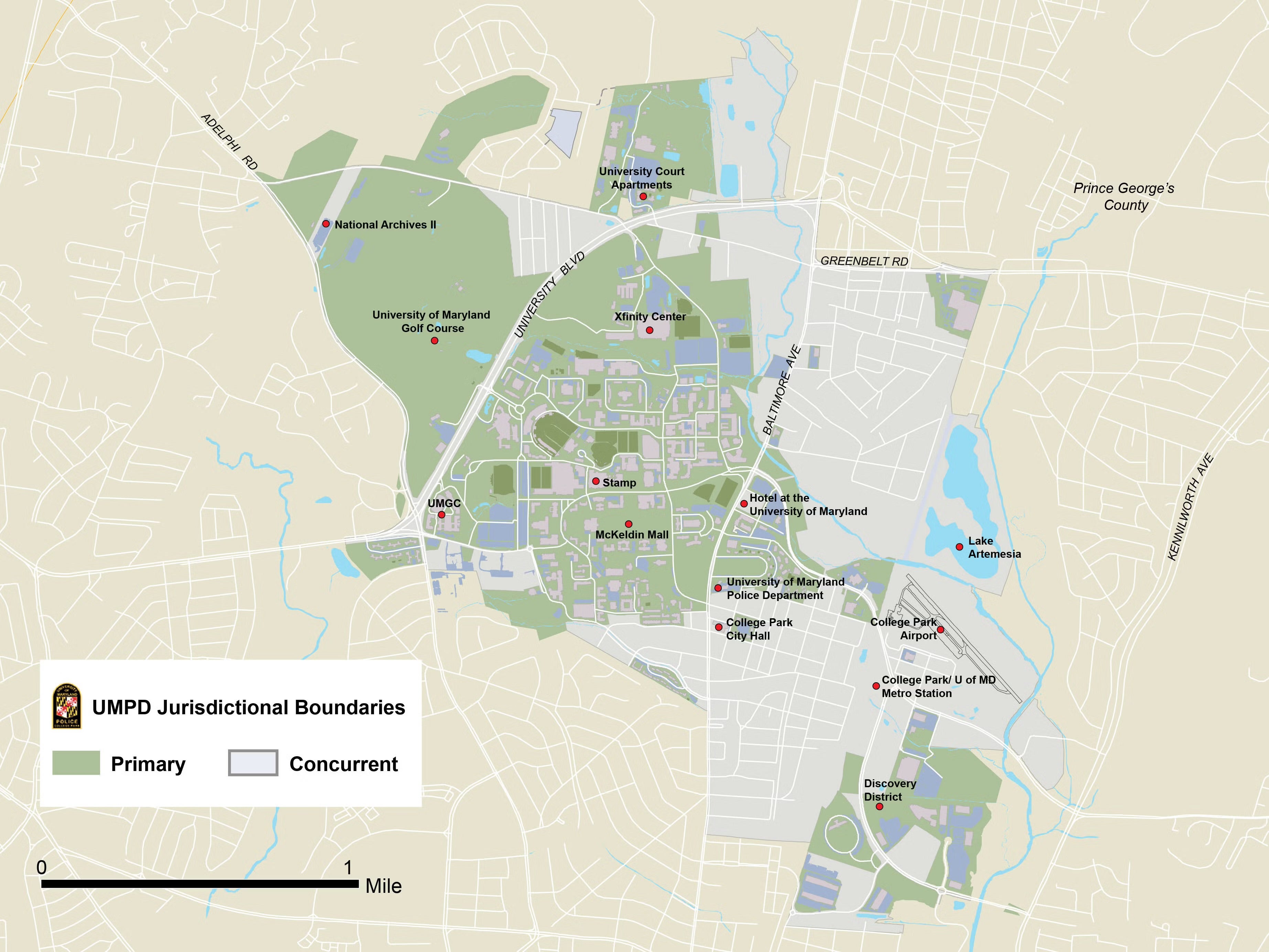 map showing UMPD jurisdiction to include campus, University Courtyard and Discovery district