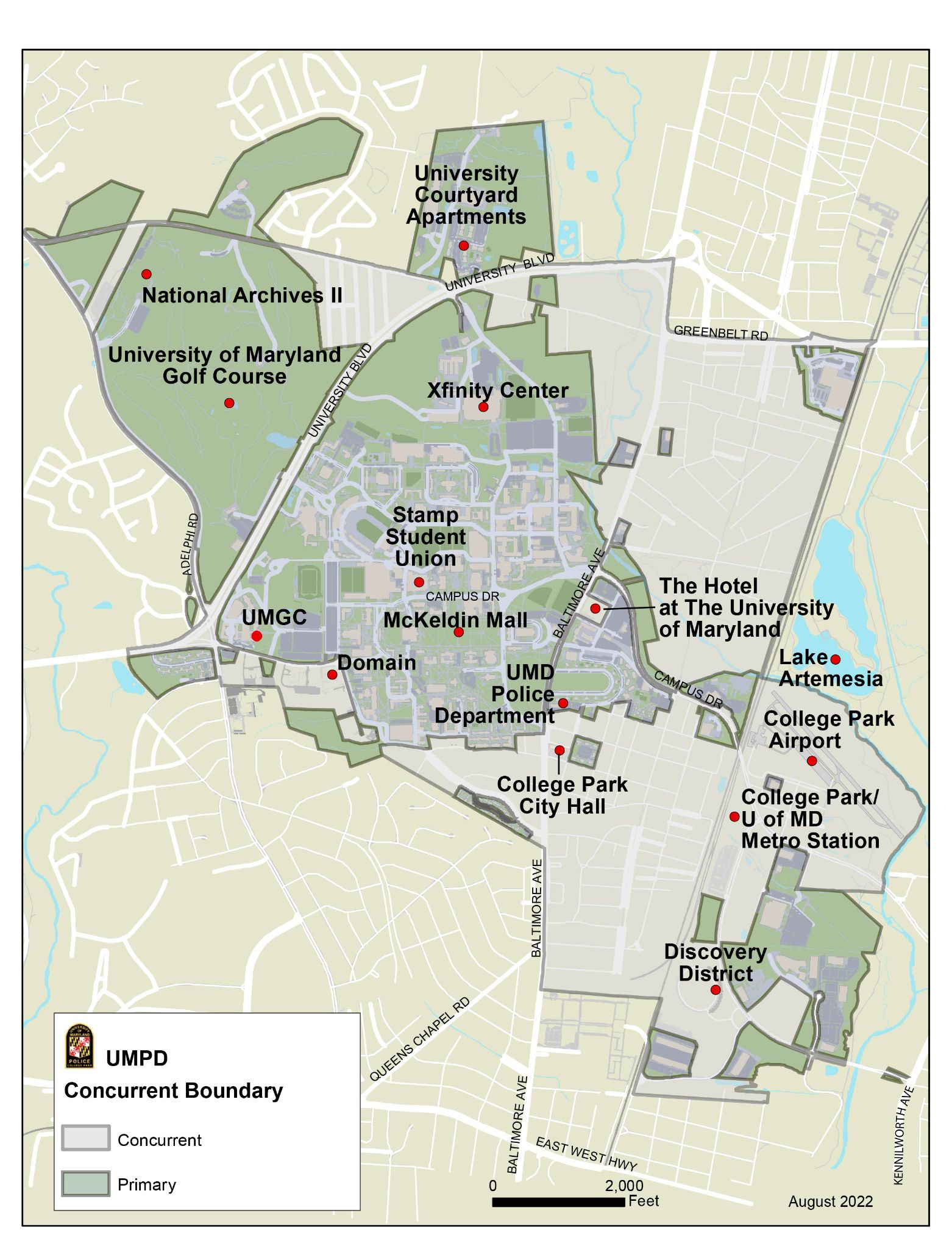 map showing UMPD jurisdiction to include campus, University Courtyard and Discovery district