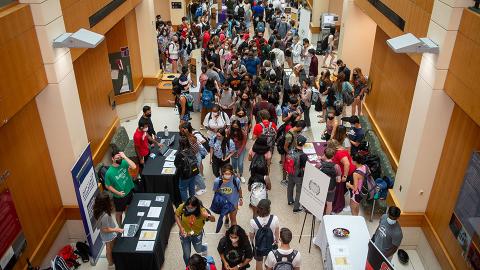 Students in the lobby at an event