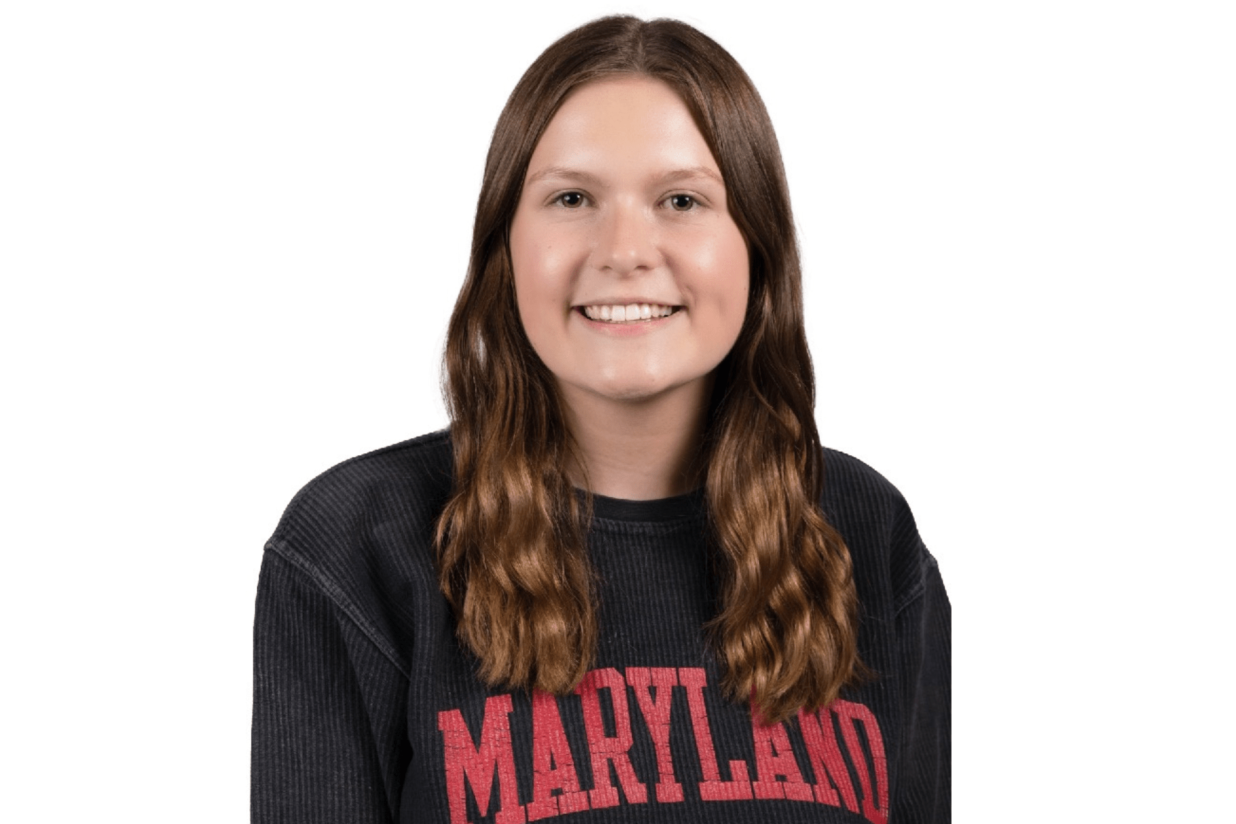 Jenna is pictured wearing a Maryland sweatshirt smiling at the camera.