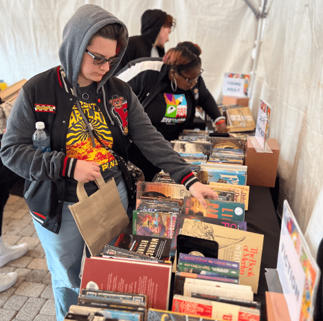 Students at an annual free library program