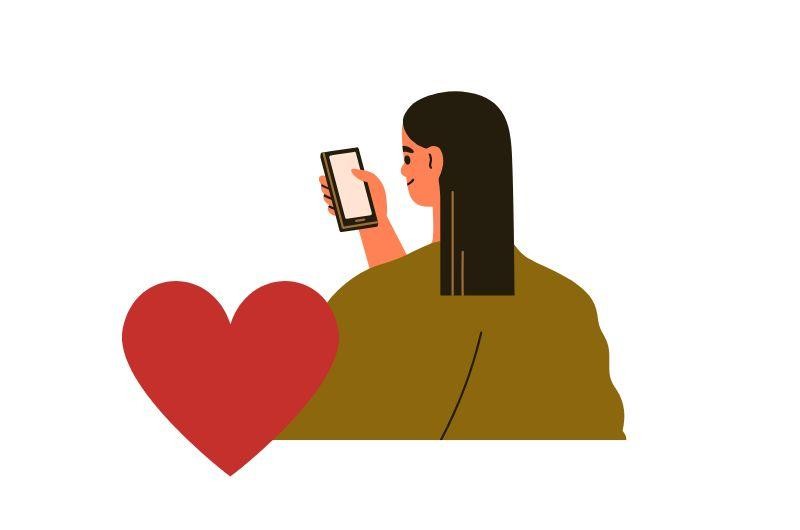 illustration of heart and person holding phone