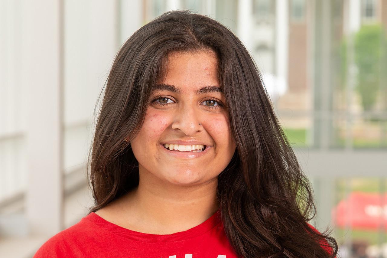 Transition Mentor Janya Patel in a red UMD t-shirt